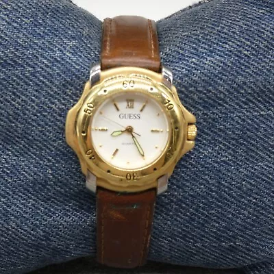 Vintage GUESS Ladies Watch Quartz Brown Leather Band Round 30 Mm Case White Dial • $19.99