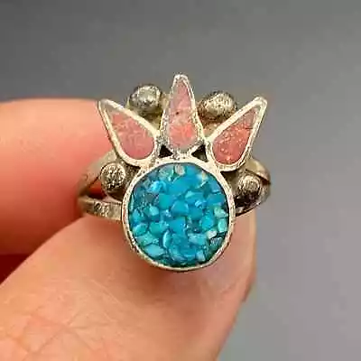 Vintage Southwestern Turquoise Coral Silver Ring Size 7 • $85