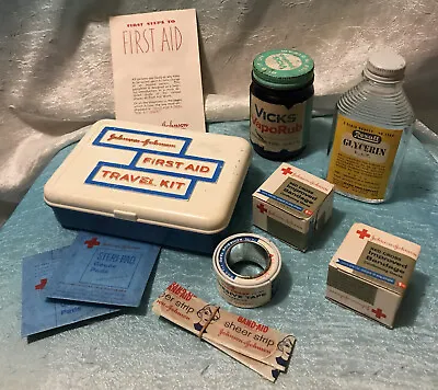 Vintage Medicine Cabinet Lot Johnson First Aid Kit Vicks Vaporub Rexall Glycerin • $58