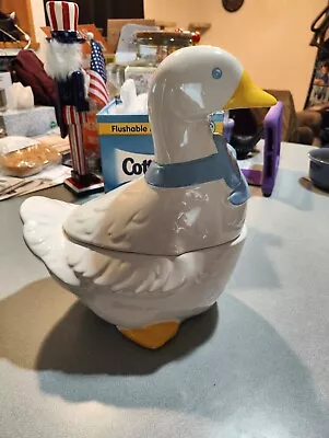 Vintage Goose Cookie Jar Blue Ribbon Bow Ceramic White Duck Mother • $34.99