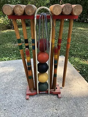 Vintage Antique South Bend Toys Wood Wooden Croquet Set Lawn Games Family Mallet • $160