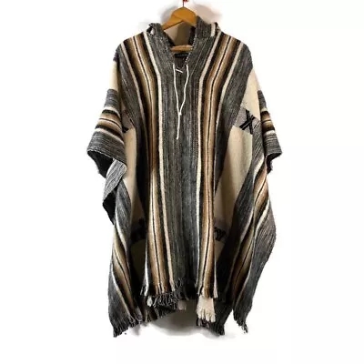 Gamboa Unisex Alpaca Wool Poncho Blanket Hooded Ivory Black Brown Striped • $58.98