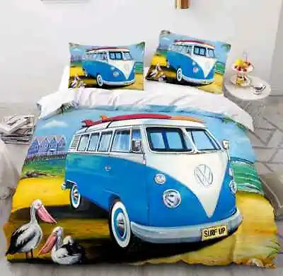 KOMBI SURFS UP Queen Bed Quilt Cover Set. Beach House Summer Fun Kombi Van • $129.95