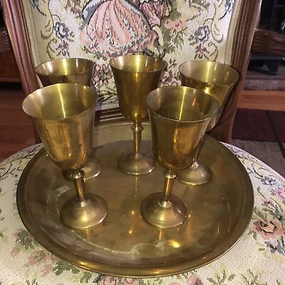 Vintage Solid Brass Wine Goblet Set Of 5 With Tray • $24.99