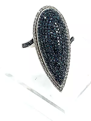 Blue Diamond Sterling Silver Pave Cluster Marque Cocktail Ring Size 6.75 • $125