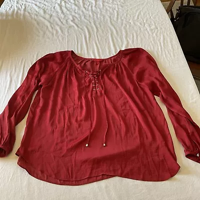 Jennifer Lopez Blouse Top ~ Women’s Large ~ Long Sleeve ~ Lace Up ~ Deep Red • $15