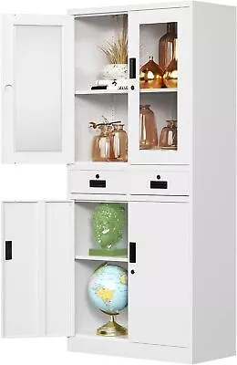 Display Storage Cabinet Metal Kitchen Pantry Cupboard Organizer 4 Doors Shelves • $219.99