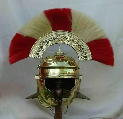 Medieval Knight Roman Centurion Helmet With Red & Gold Plume Decorative Handmade • $225