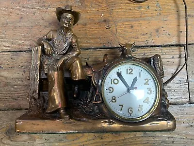 Antique 1950 Lane & Co Cowboy Horse Saddle Steer  Western Copper Clock WORKING • $195