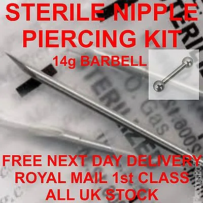 STERILE NIPPLE PIERCING KIT BARBELL 14g*** FREE POST*** • £6.95