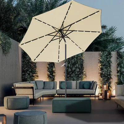 2.7M Garden Parasol Sun Shade Patio Umbrella Tilt Crank Solar LED Lights Cream • £62.95