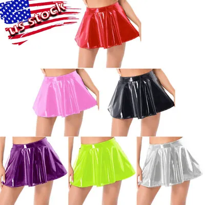 US Women Patent Leather Latex Stretchy Invisible Zipper Flared Mini Skater Skirt • $7.35