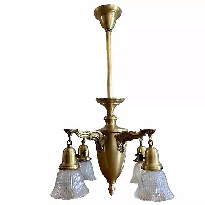 VINTAGE Art Deco Brass Pendant Chandelier 4 Arm 4 Bulb Victorian Antique UNIQUE! • $245