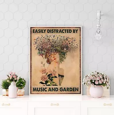 Easily Distracted By Music And Garden Poster  Garden And Music Vintage Wall Deco • $24.99