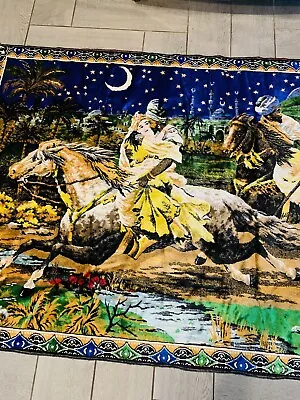 Vtg ￼ Tapestry78”/45” Captive Love Horses Stars Moon LG Blue Boho • $94.99