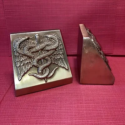 Vintage PM Craftsman Medical Caduceus Serpents Brass Bookends Doctor Physician • $23