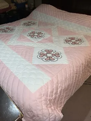 Vintage Hand Sewn Pinks  Quilt With Butterflies Flowers Material 68”x 92” • $50