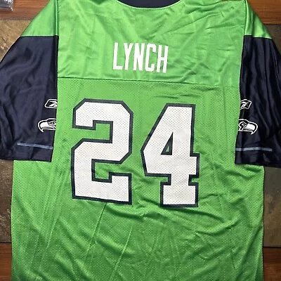 VTG Seattle Seahawks Jersey Mens XL Green Satin Marshawn Lynch #24 Mesh Reebok • $65