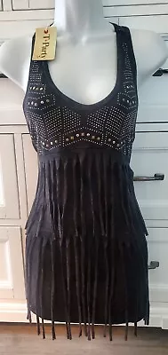 T PARTY Fringe Distressed Tank Top Black NWT Womens M  • $34.99