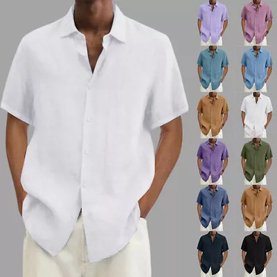 Plus Size Mens Summer Solid Casual Shirts Button Down Short Sleeve Loose Tops • £10.99
