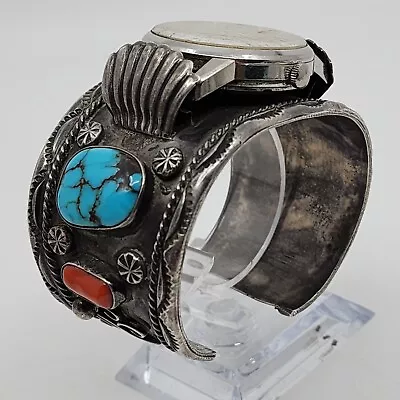 Mens Native American Old Pawn Sterling Coral Turquoise Watch Cuff Bracelet 7  • $299.95