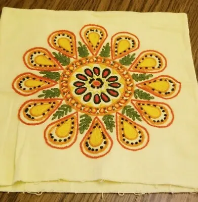 VTG 13  Crewel Hand Embroidered Pillow /Cover Yellow Orange Green 70's Floral • $20