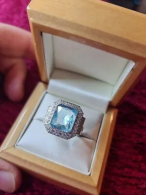 £6.99 • Buy Womans Size T. Aquamarine & Diamond Art Deco Ring
