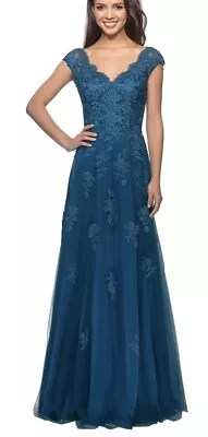 $599 La Femme Embellished Tulle & Lace A-Line Gown Dress Teal  Sz 16 • $199.99