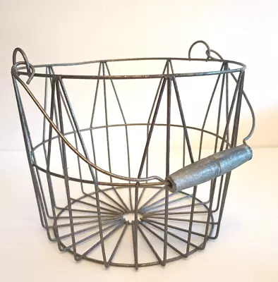 Wire Basket Wood Handle Egg Gathering Holder Farm Cottage Distressed • $16.99