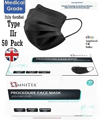 2 Packs Of 50 Omnitex Mask 3ply 2R IIR Premium Disp Medical Mask  Black UK Brand • £12.95