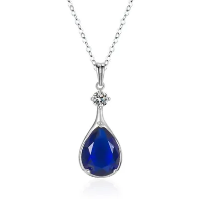 925 Sterling Silver Cubic Zirconia CZ Blue Sapphire Ladies Pendant Necklace New • £4.99