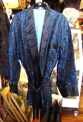 Vintage 1950's  1960's Smoking Jacket/Black And Blue Satin/Size Medium • $87