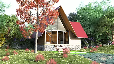 Modern Cabin House Plan With Blueprint PDF DWGfile & 3D Design Image - 370 Sqft • $12