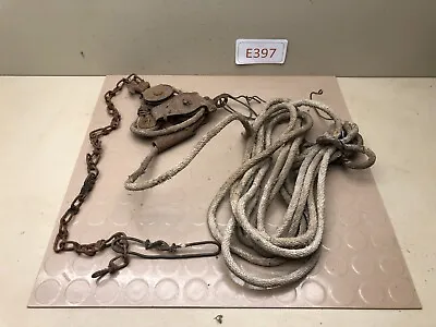 Vintage Metal Block And Tackle Double Pulley W/ Rope And Chain • £28.91