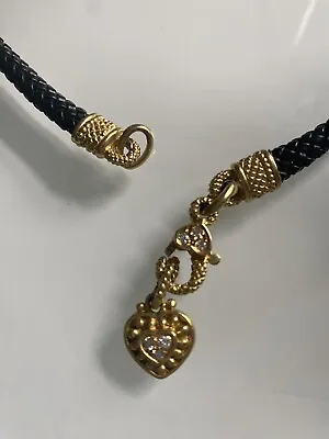 Judith Ripka Diamond 18k Yellow Gold Heart Woven Leather Cord Necklace • $1895