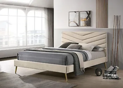 Mid-Century Modern Beige Flannelette 1pc Queen Size Bed Gold Legs Bedroom • $899.99
