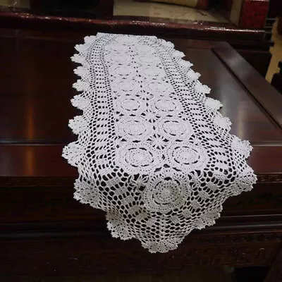 15 X39  White Vintage Hand Crochet Lace Flower Table Runner Dresser Scarf Doily • $17.09