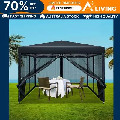 Pop Up Gazebo 3x3m Outdoor Party Tent Canopy UV Waterproof Mesh Wall Black • $133.65
