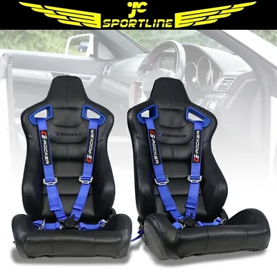 Universal Adjust Racing Seat Blue Bezel Dual Slider PU&Carbon & Cam-lock Belt X2 • $407.99