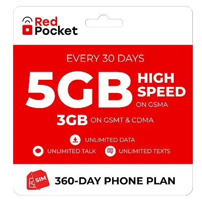 $13/Mo Red Pocket Prepaid Plan: UnImtd Everything GSMA 5GB(GSMT & CDMA 3GB) • $156