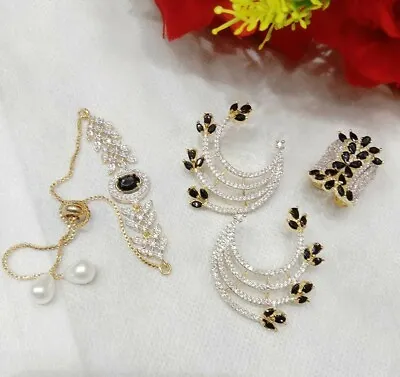 £15.54 • Buy Indian Pak American Diamond Black Stone Gold Plated Bracelet Earrings Ring Arrow