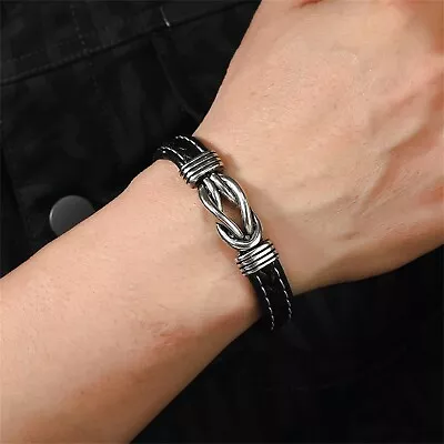 Braided Bracelet PU Leather Wristband Men Boy Stainless  Solid Bnad Black Cool  • $0.99