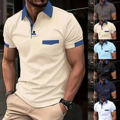 Men's Button Blouse Tops Casual Loose Summer Muscle Tunic T Shirt Tee Polo Shirt • £11.89