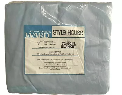 Vtg Montgomery Ward Style House Twin/Full Blue Acrylic Blanket Nylon Binding NEW • $39.99