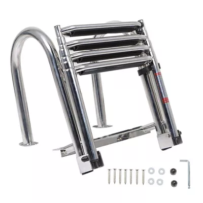 4 Step Pontoon Boat Ladder Foldable Stainless Steel Marine Yacht Ladder W/ Pedal • $106.96