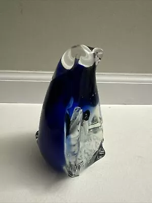 Murano Style Cobalt Art Glass Mother PENGUIN W/ Babies Figurine Paperweight 5” • $14