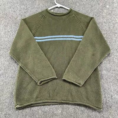 Lands End Sweater Mens M Green Tight Knit Cotton Pullover Stripe Fishermans Roll • $24.95