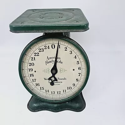 Antique American Family 25 LB Green Rustic Farmhouse Metal Kitchen Scale Works • $26