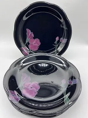 Set Of 5 Mikasa Rondo Tango 10-7/8  Lavender Floral On Black Dinner Plates EJ702 • $29.95