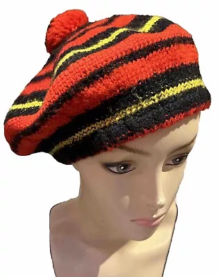 Hand Knit Beret Beanie Slouch Fashion Hip Female  Red/Black/Yellow Striped LOOK • $20